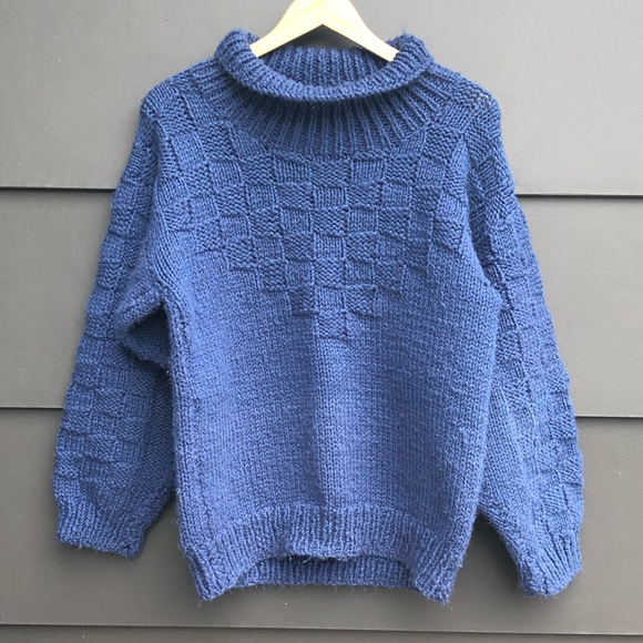 Sweaters - Hand Knitted Blue Turtleneck/Cowl Sweater - Oversized - Checkered Pattern - L